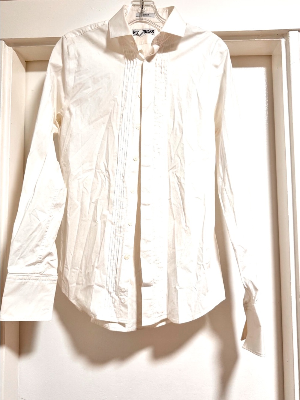 Express Men’s Slim Fit Pleated Tuxedo Dress Shirt - White, Size S (14-14.5)